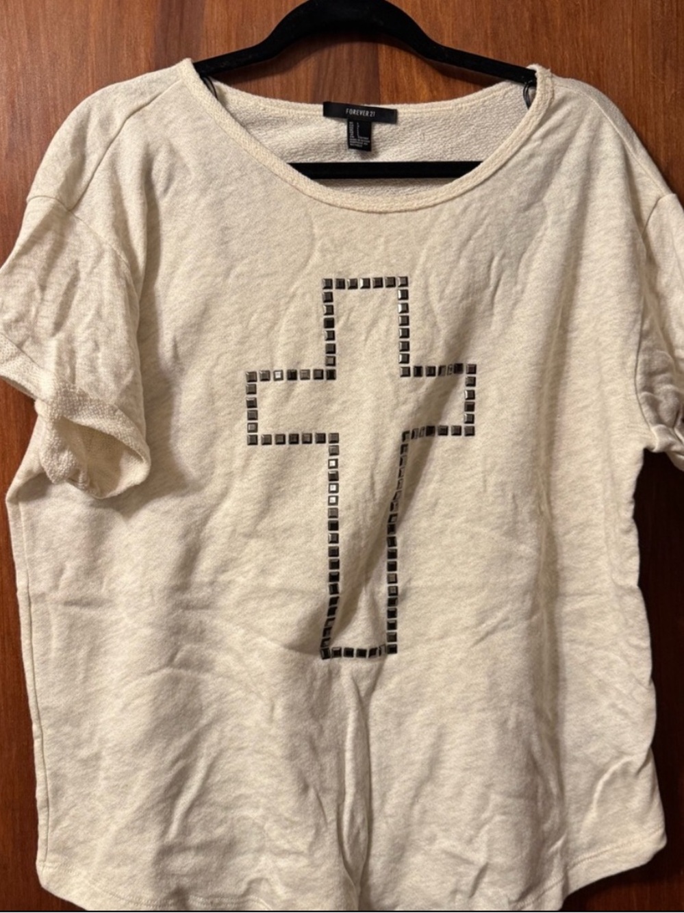 Forever 21 Women’s Cream Sweater Material Top with Studded Cross - Size Large